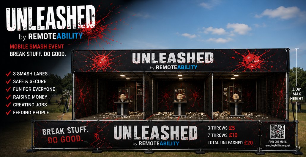 UNLEASHED by RemoteAbility — three-lane mobile smash attraction concept design, showing the throwing lanes, target area and pricing: 3 throws £5, 7 throws £10, Total Unleashed £20